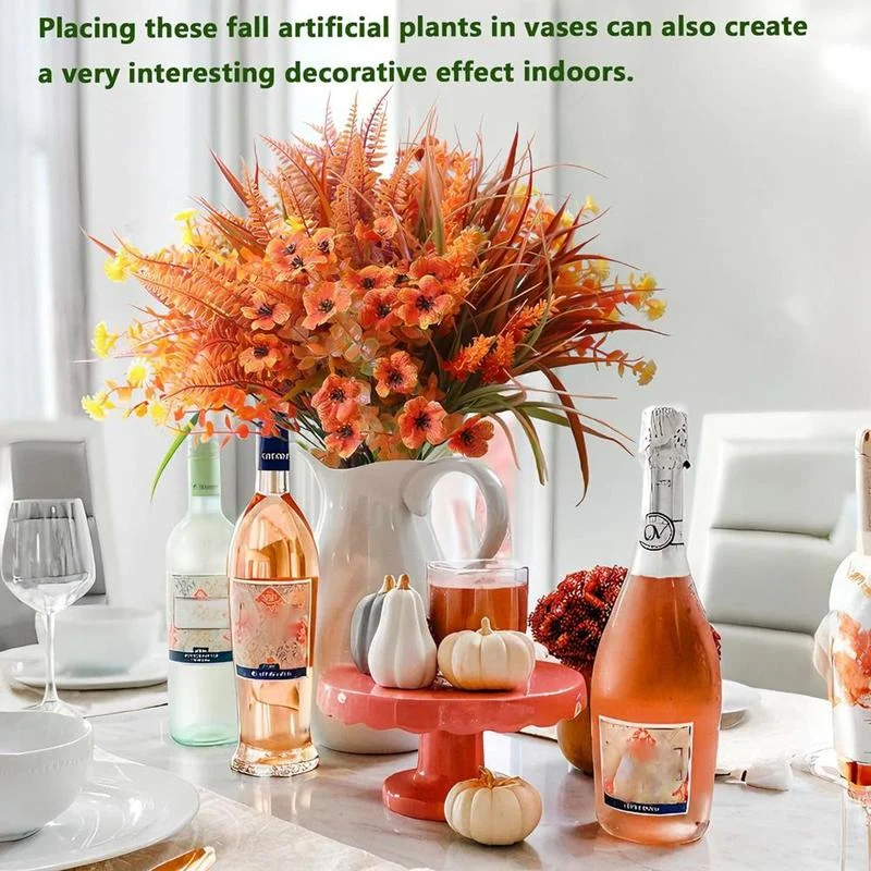 Artificial Pumpkin Flower Plant Decoration, 18pcs/set Faux Fall Flowers Grass Ferns Arrangements, UV Resistant Outside Faux Fall Greenery for Pot Garden Window Box Patio Home, Fruit, Halloween, Artificial Mixed Flower
