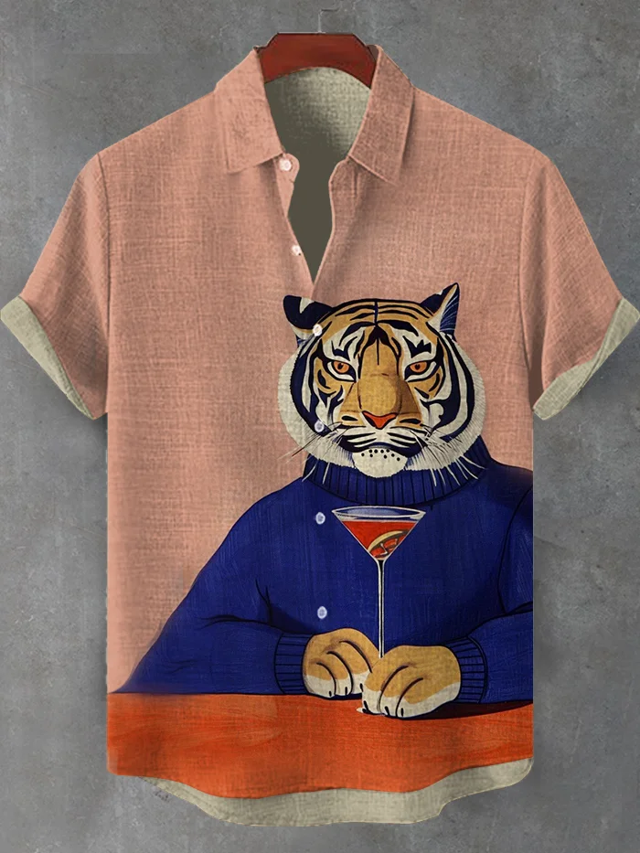 Men's Tiger Drinking Contrast Color Art Print Shirt
