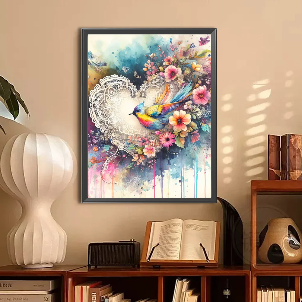 Full Round Diamond Painting 30*40cm - Love Heart And Colorful Bird