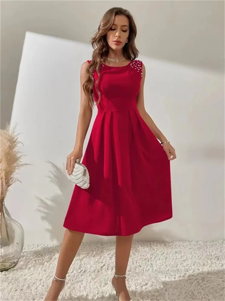 Women's Solid Color Slim Round Neck Beaded Sleeveless Dress Red Black Blue S M L XL | 168DEAL