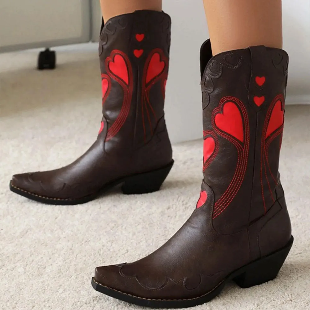 Chocolate Brown Heart Inlay Block Heel Mid Calf Western Boots
