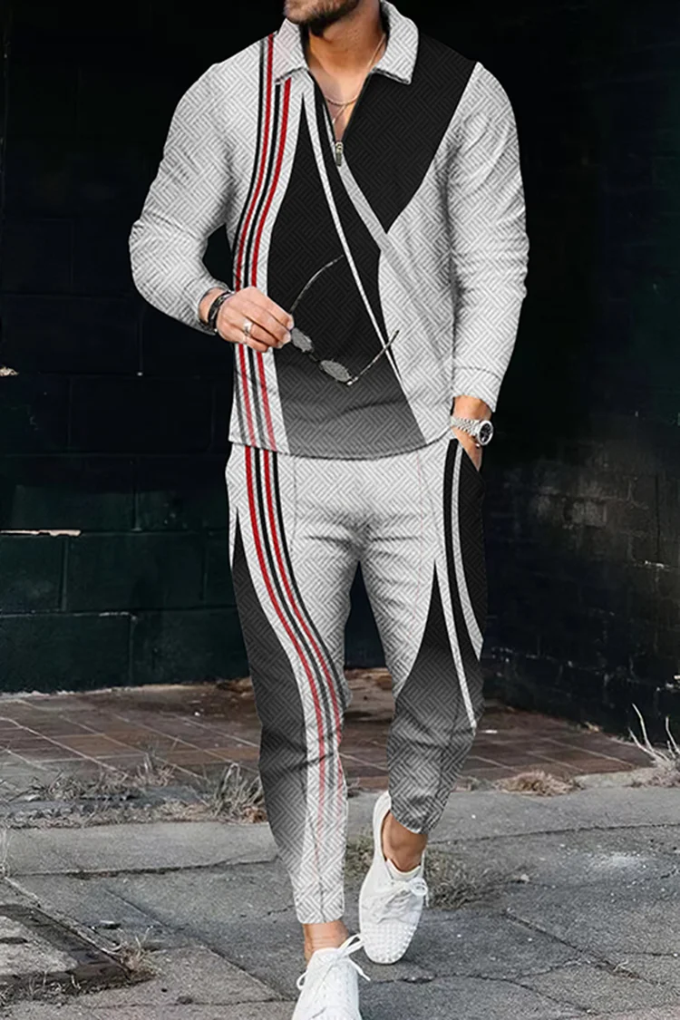 Men's Line Long Sleeve Polo Shirt And Pants Two Piece Set