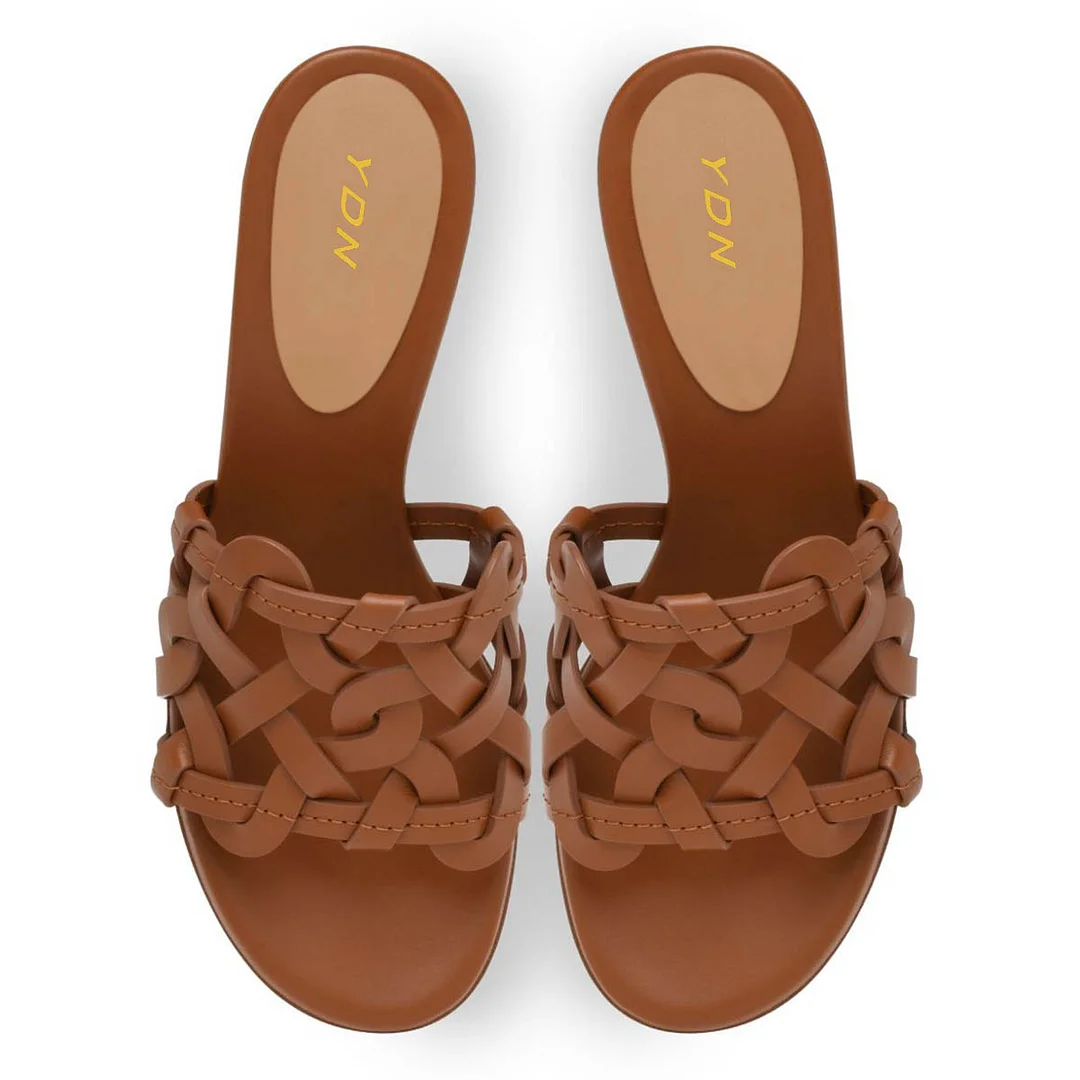 Brown Vegan Leather Woven Block Heel Slide Shoes for Women