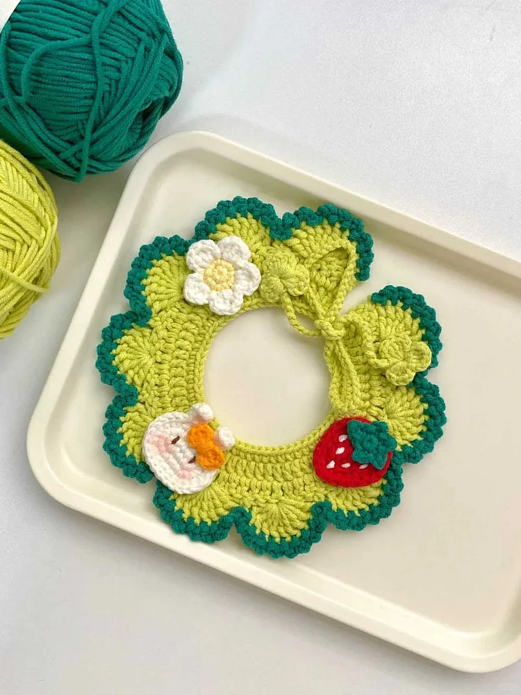 Lulusnow Handmade Green Flowers Rabbits And Strawberry Crochet Pet Collars/ Pet Holiday Outfit/ Festive Pet Accessories/ Gift For Pet