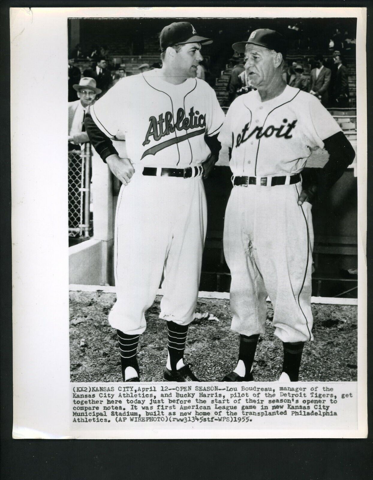 Kansas City Athletics Opening Day 1955 Press Photo Poster painting Lou Boudreau & Bucky Harris