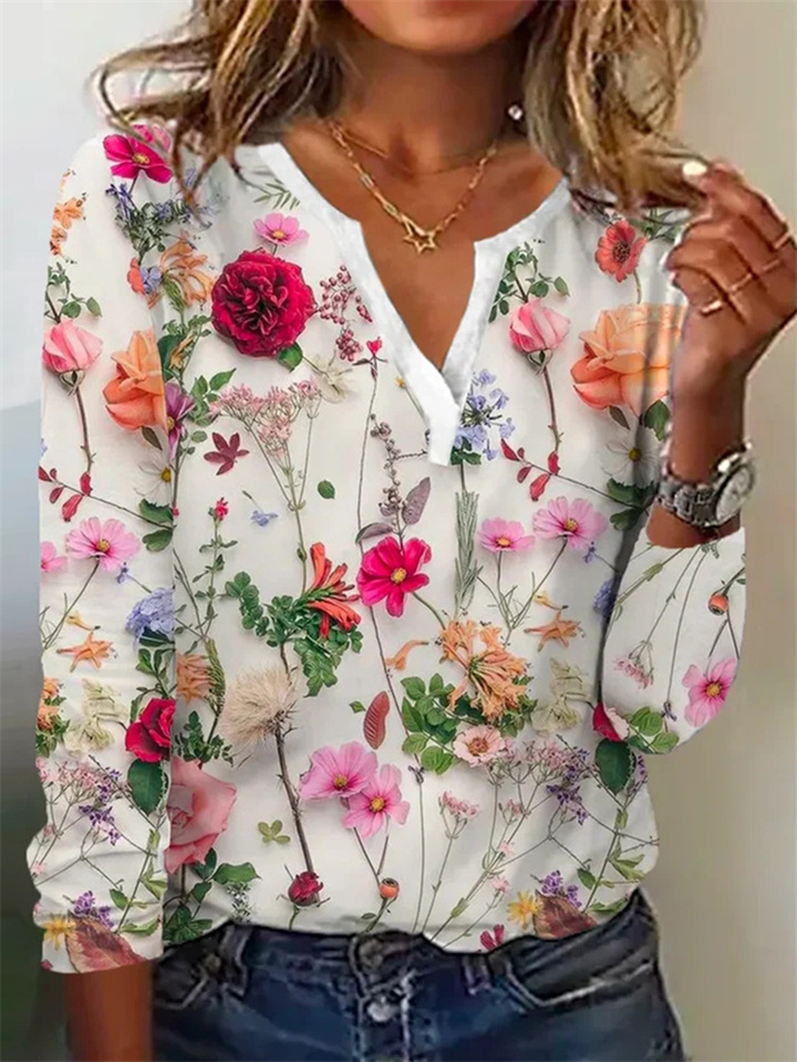 Summer New Wave Plant Floral Print V-neck Long-sleeved T-shirt Tops Cross-border Women's Comfortable Casual T-shirt