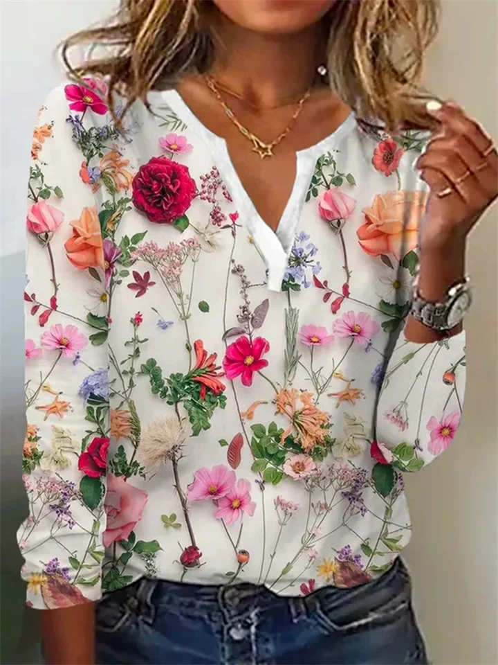 Summer New Wave Plant Floral Print V-neck Long-sleeved T-shirt Tops Cross-border Women's Comfortable Casual T-shirt-Cosfine
