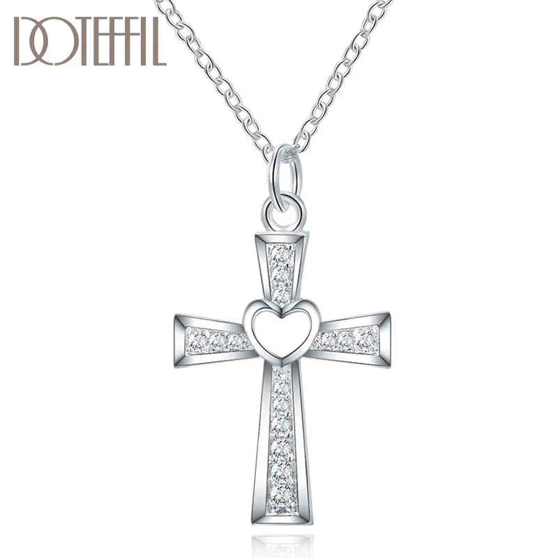 DOTEFFIL 925 Sterling Silver 18 Inch Chain Cross AAA Zircon Heart Necklace For Women Jewelry