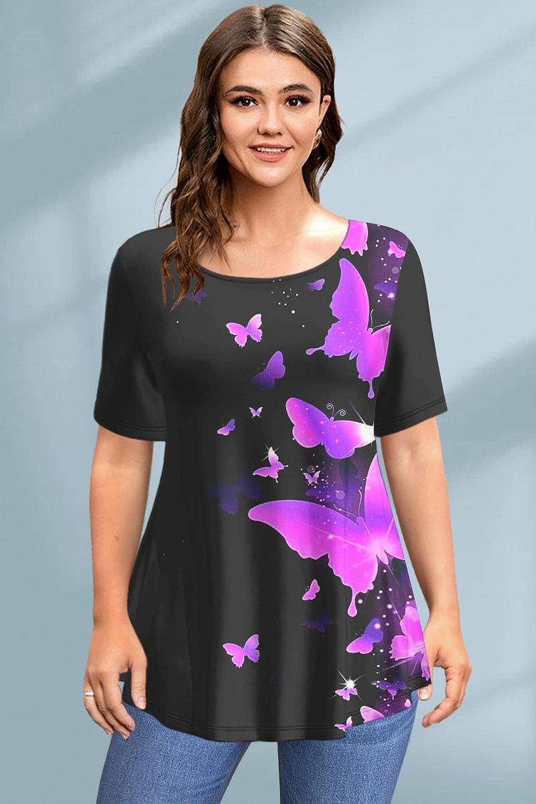 Flycurvy Plus Size Casual Purple Ombre Butterfly Plant Floral Print T-Shirt  Flycurvy [product_label]