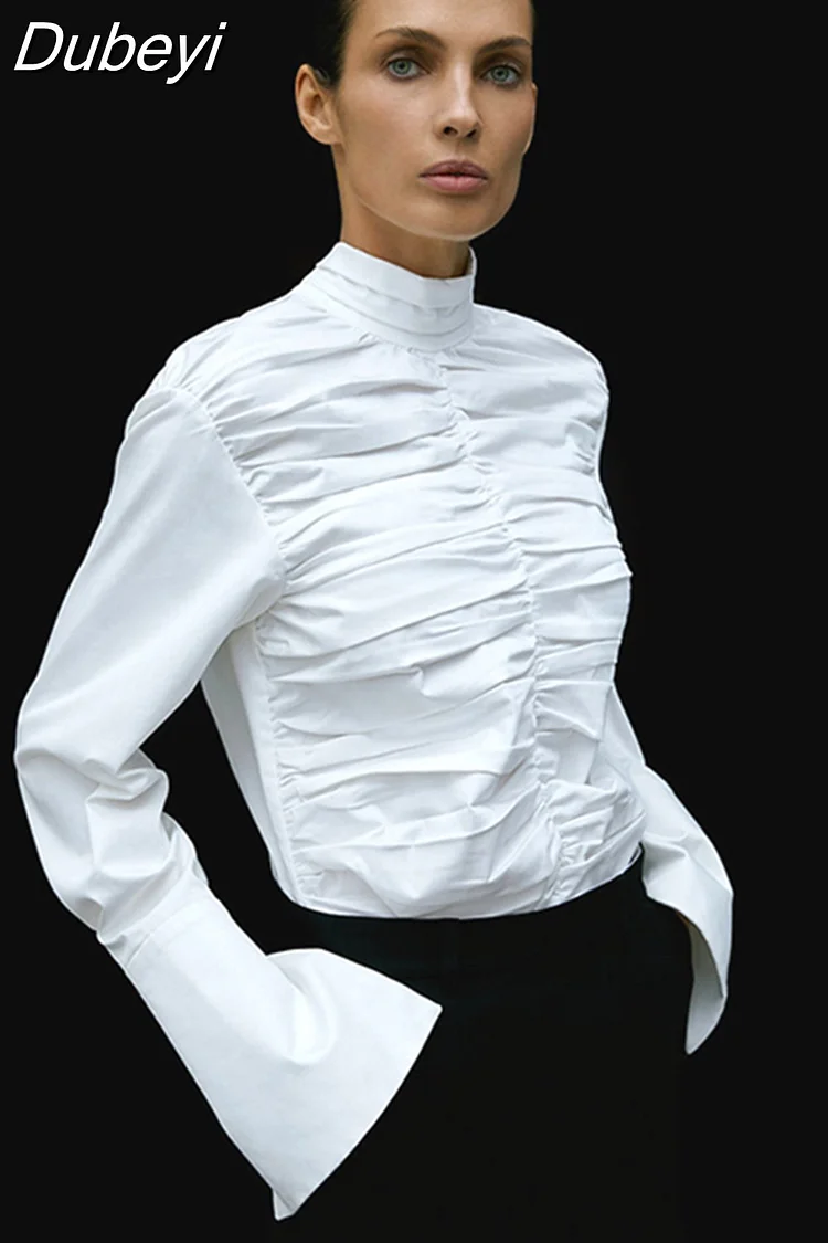 Dubeyi Elegant White Ruched Woman Blouses 2023 Fashion Turtleneck Long Sleeve Shirts Autumn Slim Office Lady Shirt Female Clothing