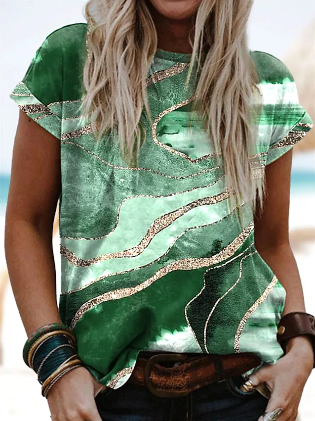 Women's Abstract Patchwork Marble Print Round Neck T-shirt
