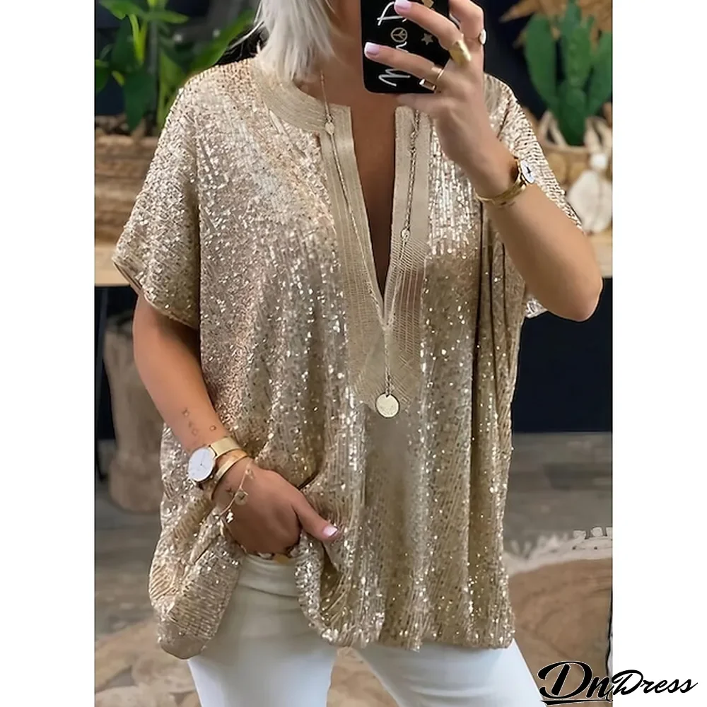 Women's Shirt Blouse Plain Sparkly Casual Weekend Silver Gold Sequins Long Sleeve Elegant Vintage Fashion V Neck Regular Fit Spring Fall