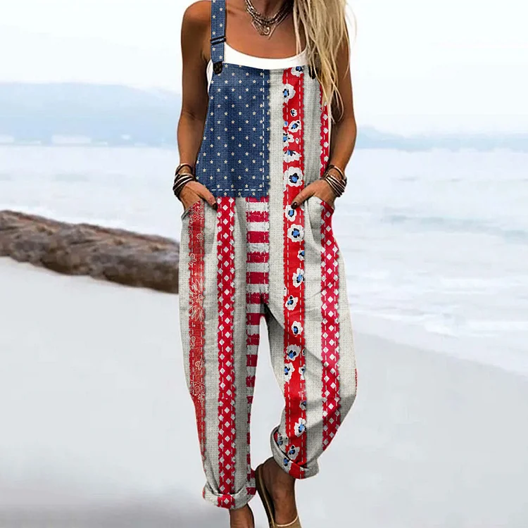 Women's Vintage Independence Day Floral Print Casual Jumpsuit