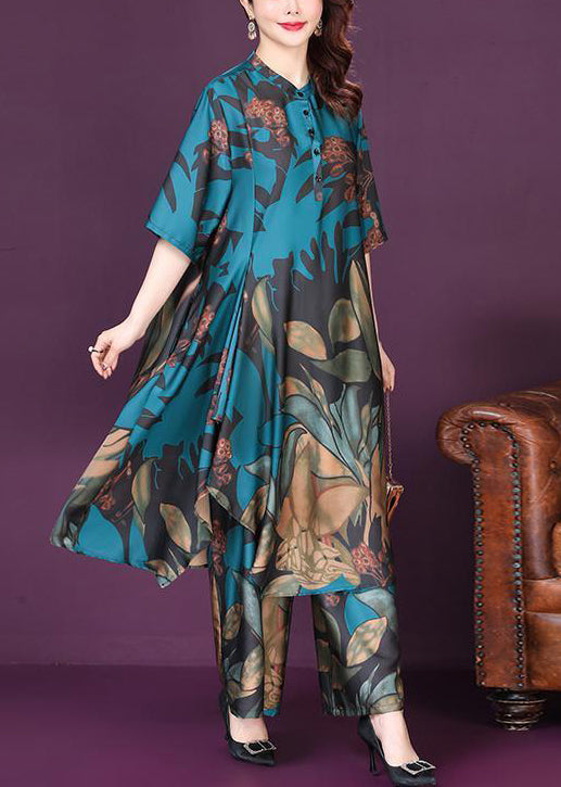 VCSHOES Blue Asymmetrical Exra Large Hem Print Silk Two Piece Suit Set Summer