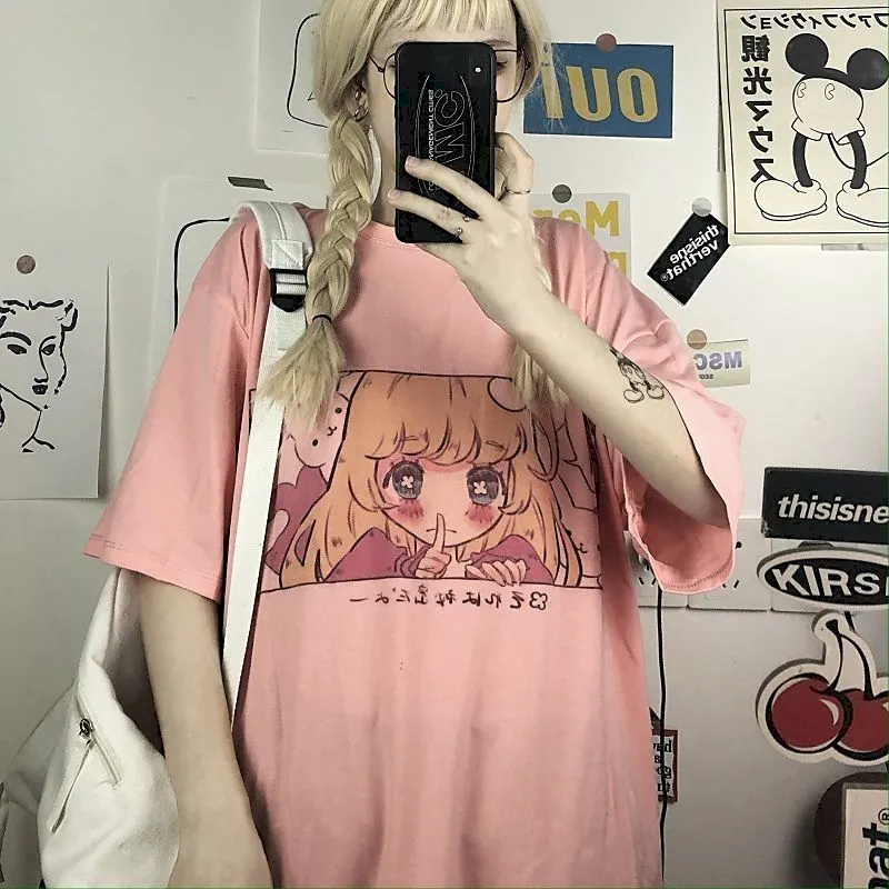 anime girl image print women tops tshirts Korean style t-shirts summer sweet fashion t shirts  preppy couple clothes o-neck tee
