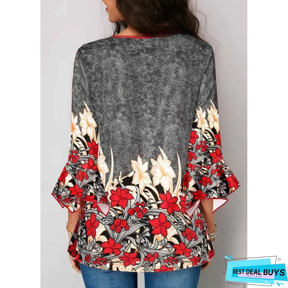 Women Plus Size Three Quarter Sleeve Floral Print Causal Loose Tunic Blouse Shirts