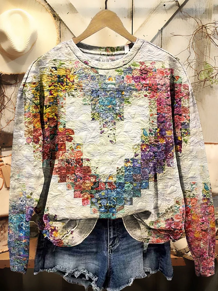 Women's Floral Heart Art Print Casual Crew Neck Sweatshirt
