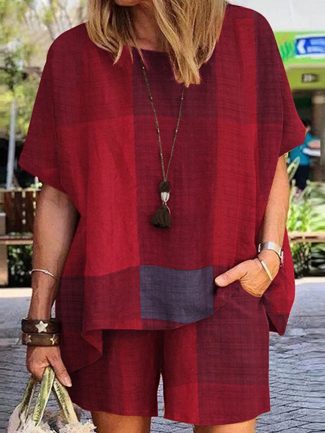Women's Round Neck Plaid Casual Top & Pants Set