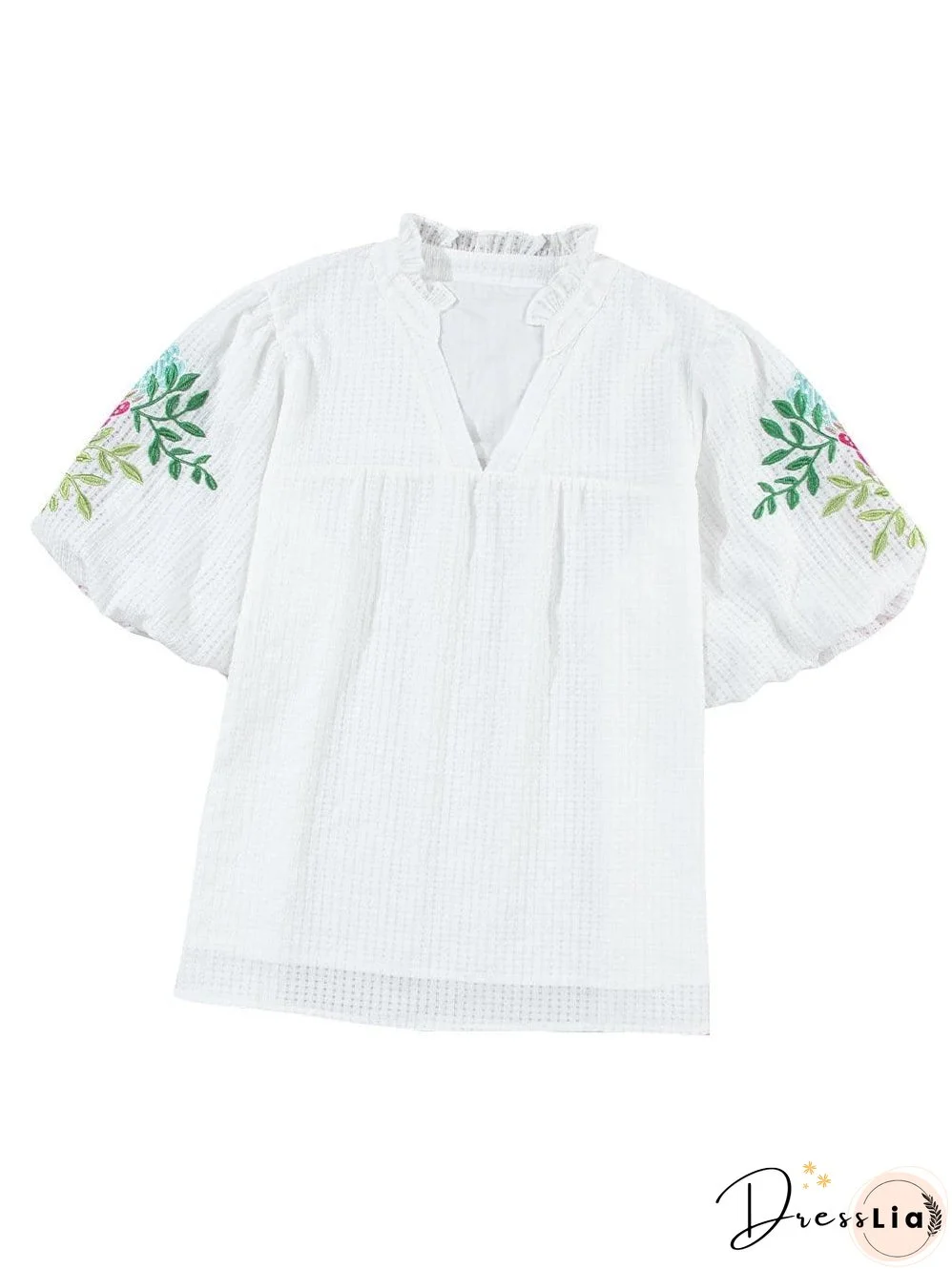 White Floral Embroidered Puff Sleeve V-Neck Mesh Detail Blouse