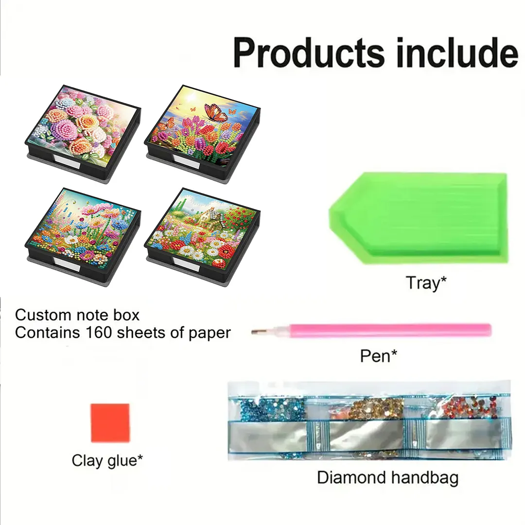4Pcs Flower 5D DIY PU Diamond Painting Kit Office Note Box with 160 Sheets Paper