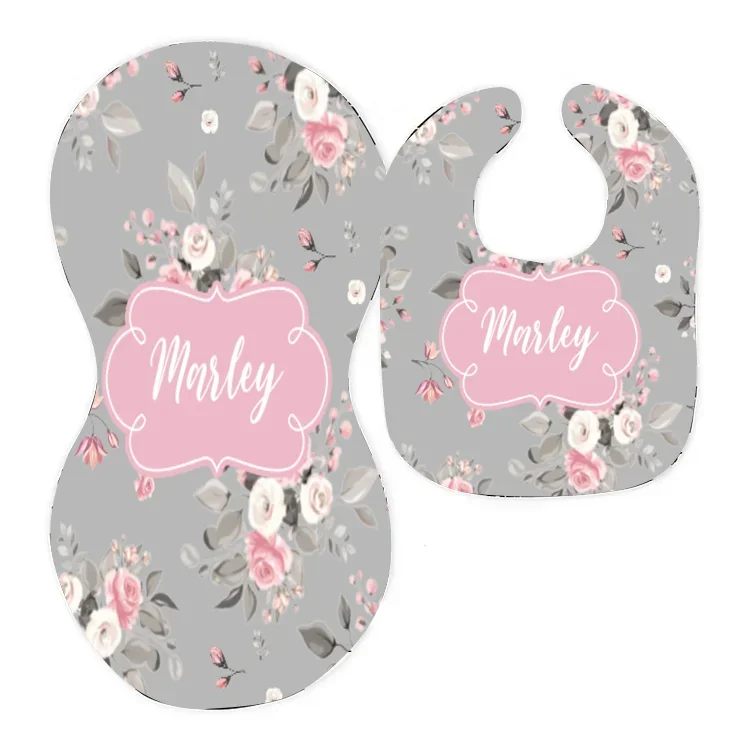 Personalized Flower Bib and Burp Cloth Set|Set25