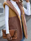 Color Block Hooded Teddy Vest, Casual Open Front Sleeveless Vest, Women's Clothing