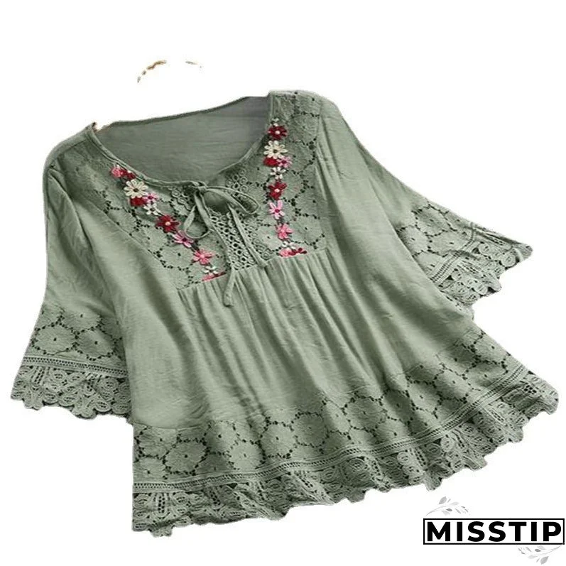 Women's Summer Cotton Linen Stitching Lace Elegant V-neck Blouses