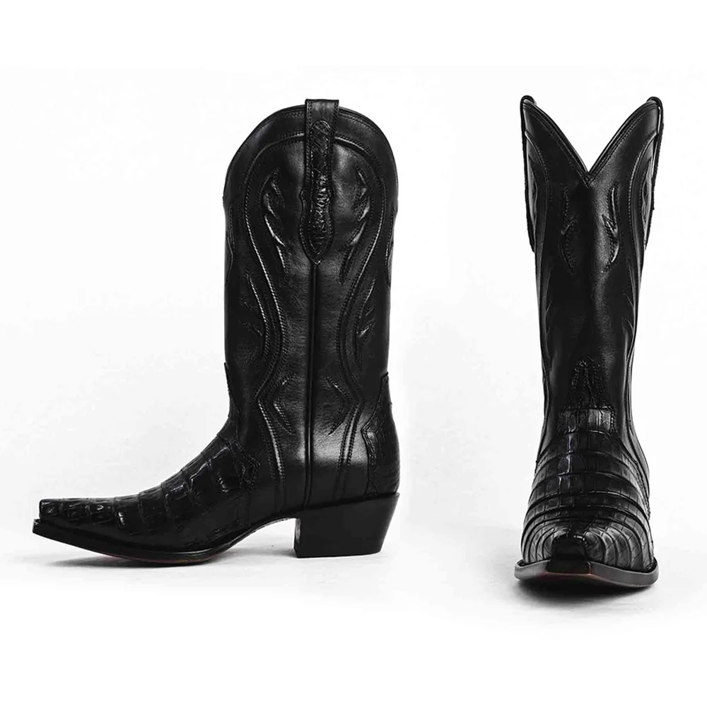 Black Snip Toe Mid Calf Croc Embossed Cowgirl Boots with Stitch