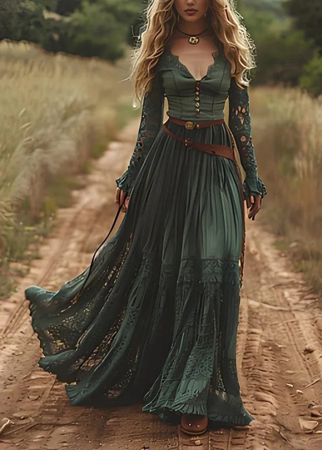 Organic Green Hollow Out Lace Patchwork Cotton Robe Dresses Spring Pastoral Style