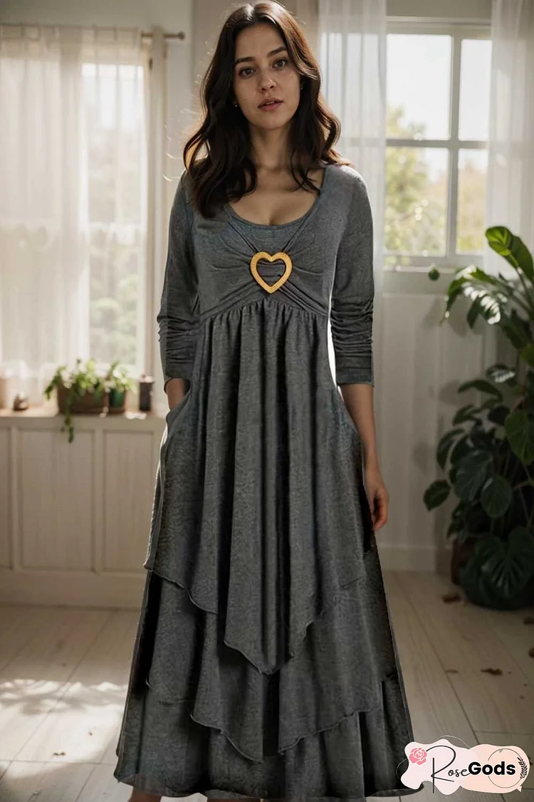 plus size elegant dress women s plus plain long sleeve layered heart ring decor round neck maxi dress