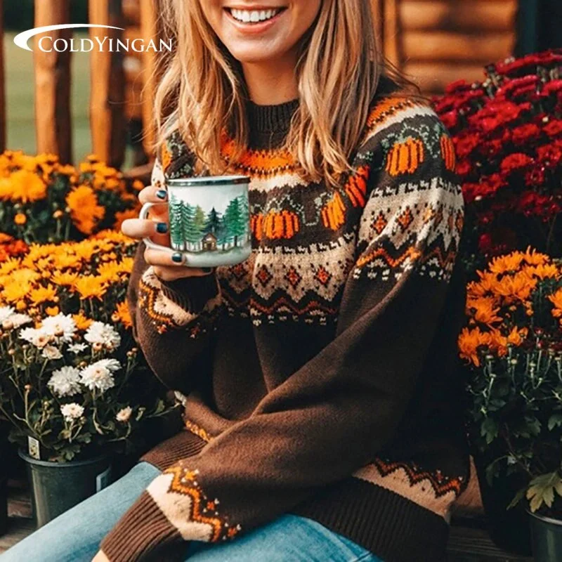 Ueong Boho Pumpkin Knitted Pullovers Women Christmas Jumper Halloween Soft Warm Sweater Loose Knitwear Autumn Winter Top