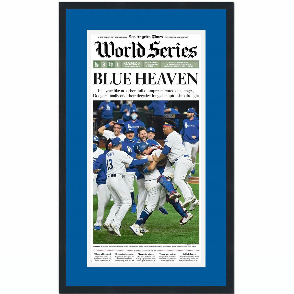 Framed Los Angeles Times Dodgers 2020 World Series Newspaper Cover 17x27 Photo Poster painting 2