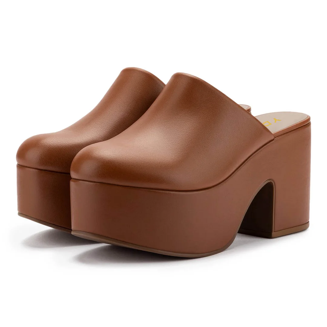 Brown Vegan Leather Round Toe Women's Platform Mules Shoes