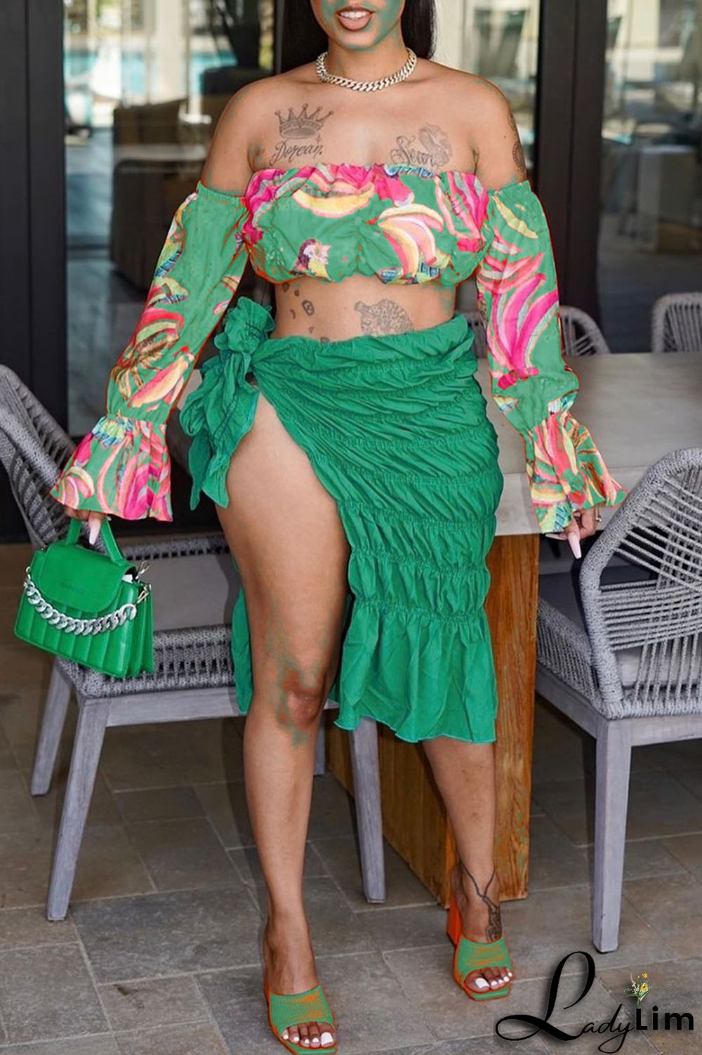 Orange Fashion Sexy Print Backless Slit Off the Shoulder Long Sleeve Two Pieces