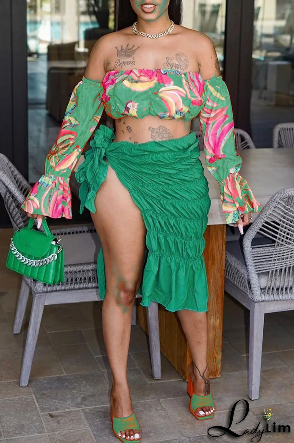 Orange Fashion Sexy Print Backless Slit Off the Shoulder Long Sleeve Two Pieces