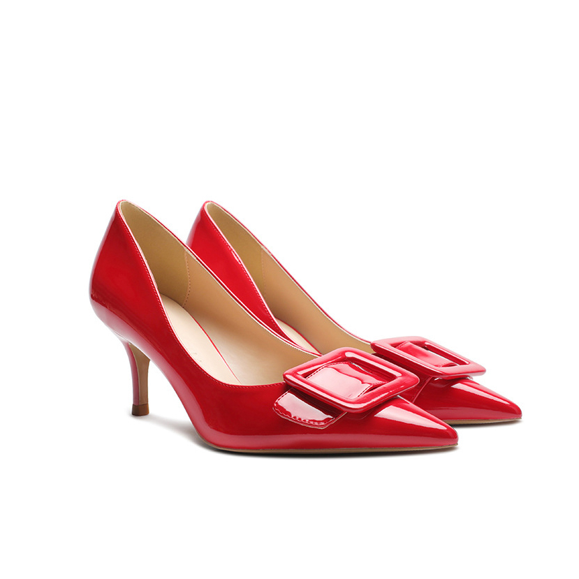 60mm Pointed Toe Square Buckle Decoration Apricot Bottom Kitten Heels Daily Pumps for Women-MERUMOTE