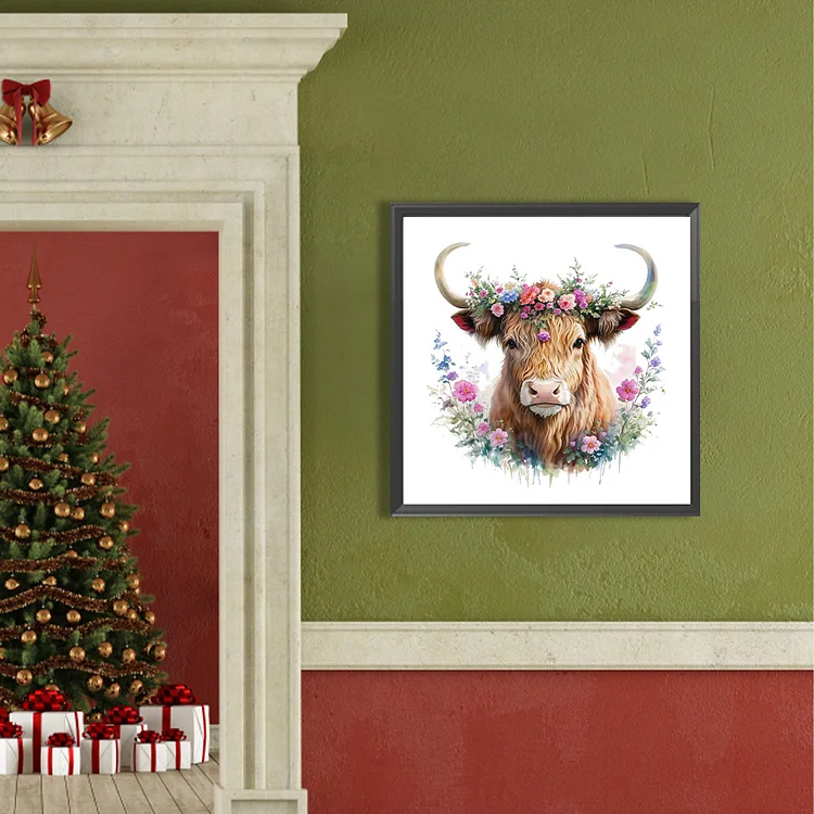 Diamond Painting Kits Highland Cow with Flower Wreath for Adults Round Full  Drill DIY Diamond Beads Arts Embroidery Craft for Home Wall Decor 16×20in