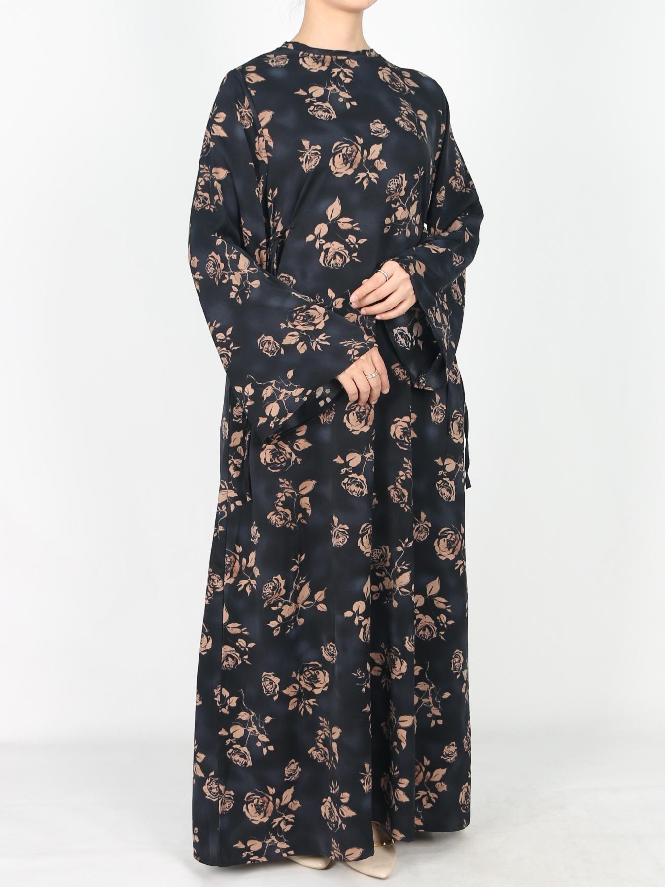 Women's Tie Side Zipper Back Dress, Elegant Long Sleeve Belted Abaya Dress for Daily Wear, Ladies Islamic Clothing for All Seasons, Round Neck Abayas