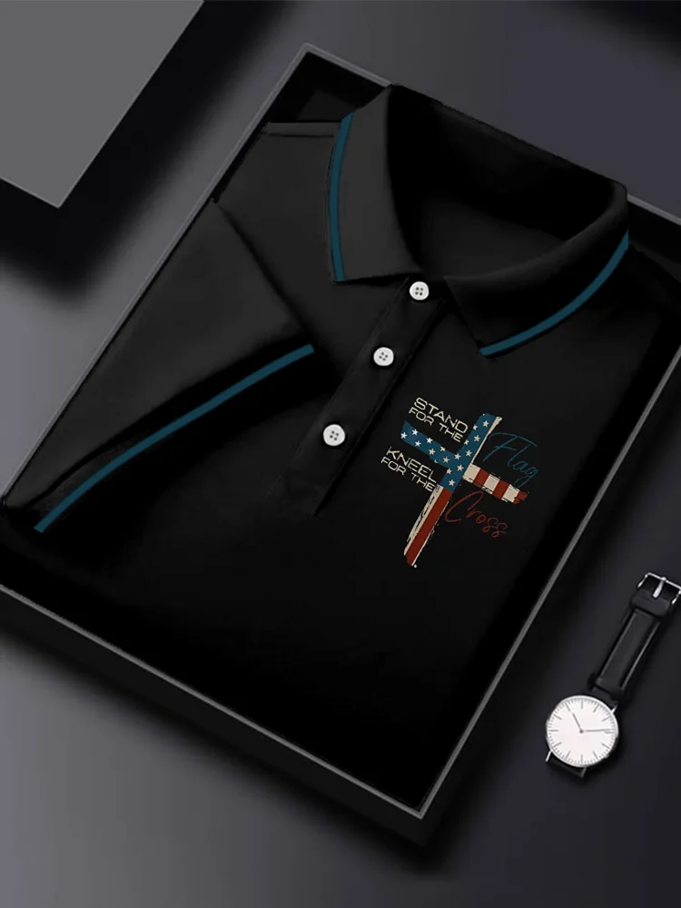 Men's American Flag Cross Print Casual Polo Shirt