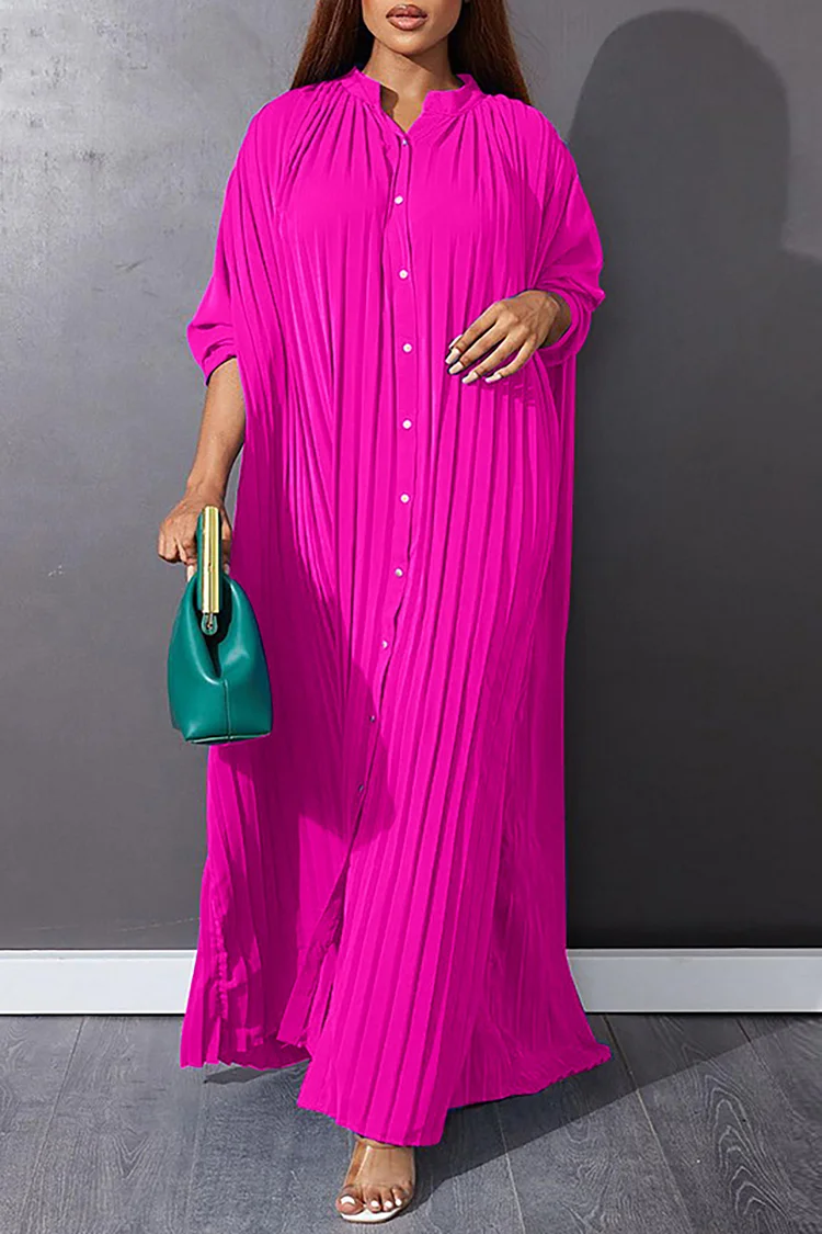 Plus Size Casual Dress Magenta Pleated Loose Long Sleeve Button Shirtdress Maxi Dress
