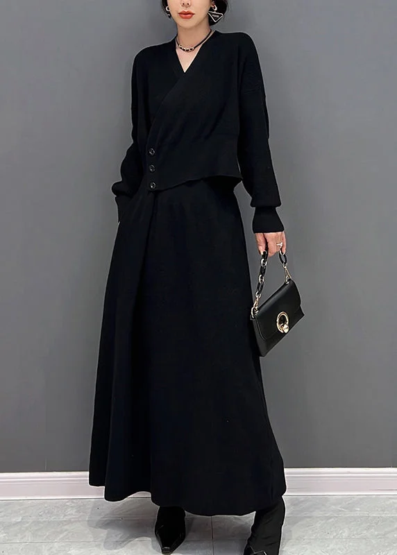 Faux two-piece shirt long-sleeved black dress A10
