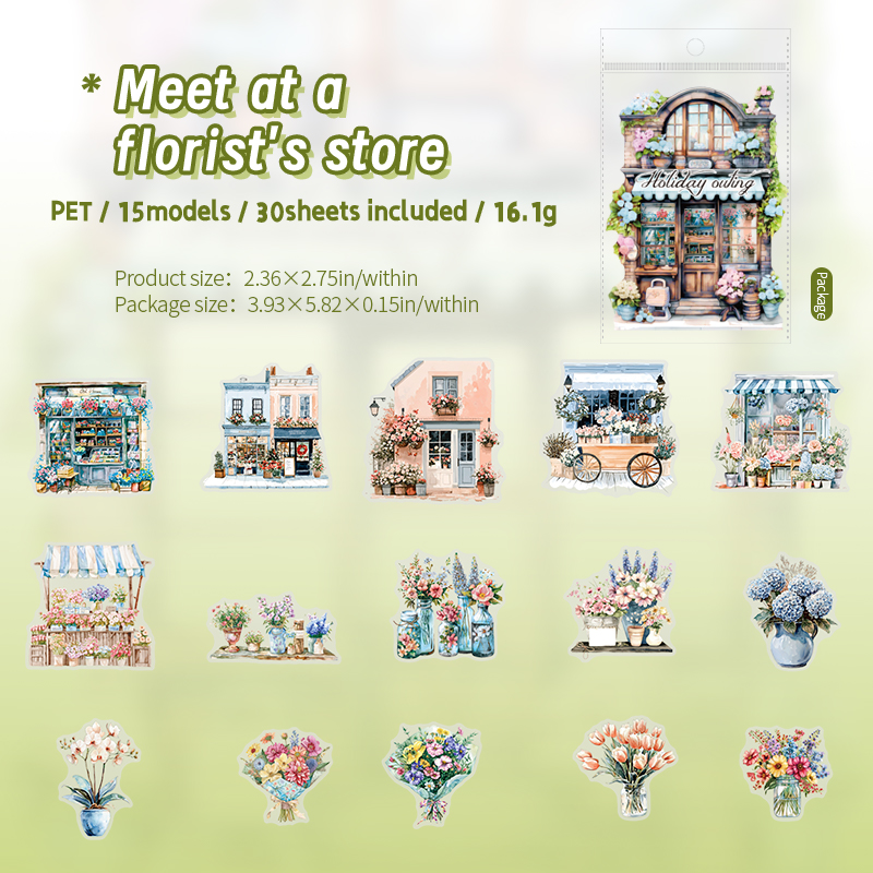 PET Sticker - Holiday Outing Series Vintage Flower Castle Cafe Landscape 