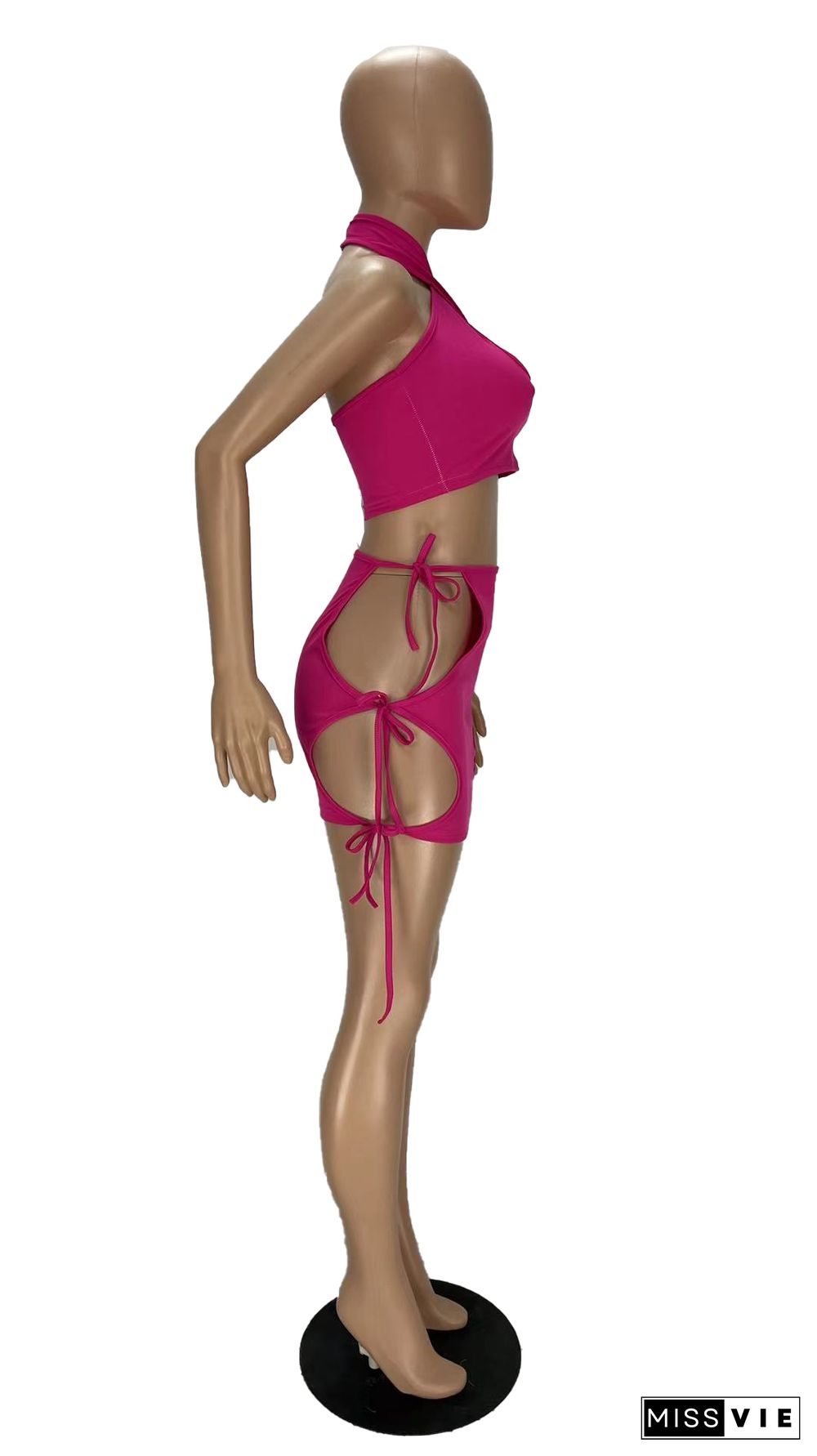 Halter Backless Crop Tops Hollow Out Lace Up Skirt Sets