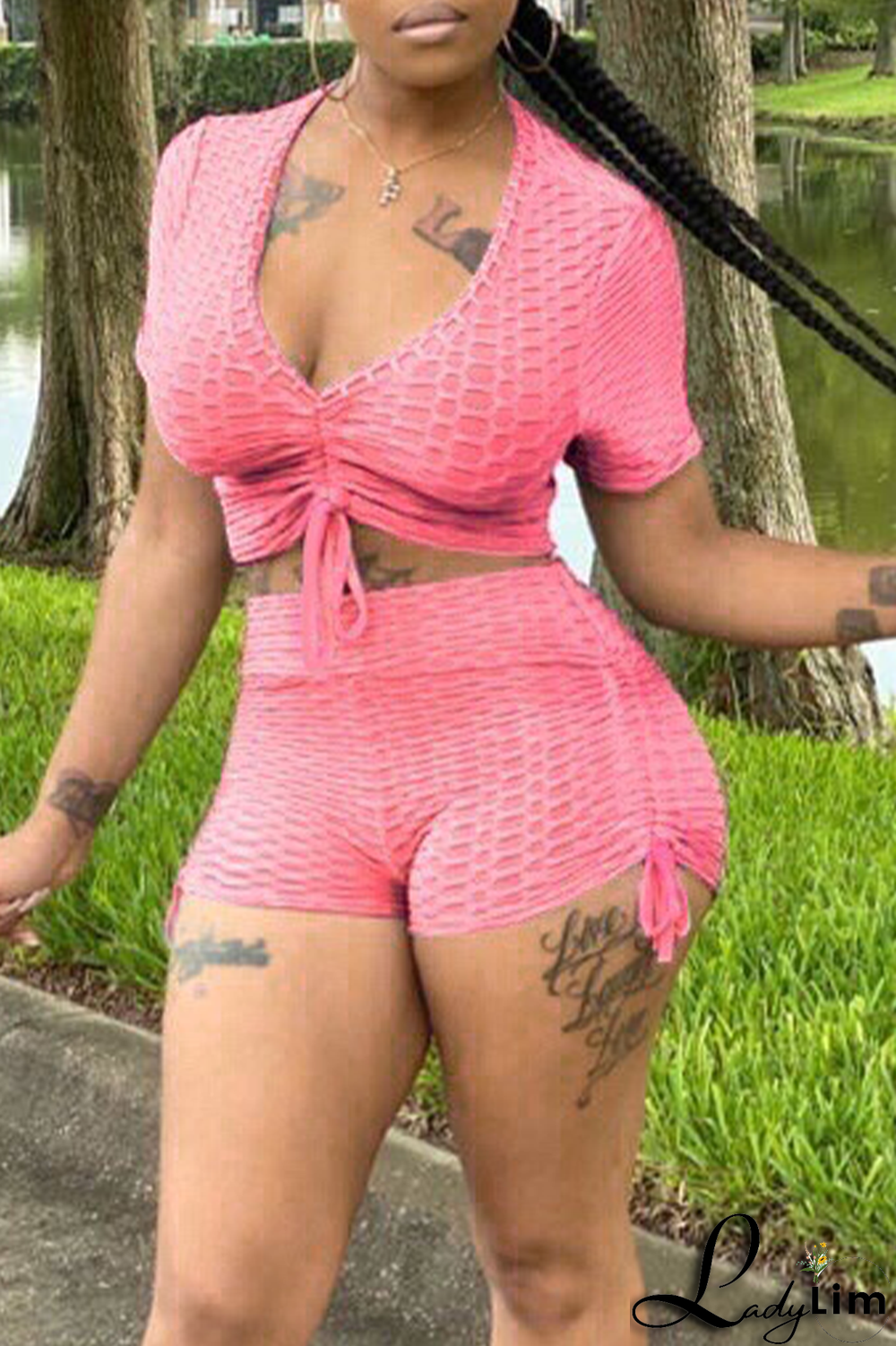 Grey Fashion Solid Patchwork V Neck Short Sleeve Two Pieces