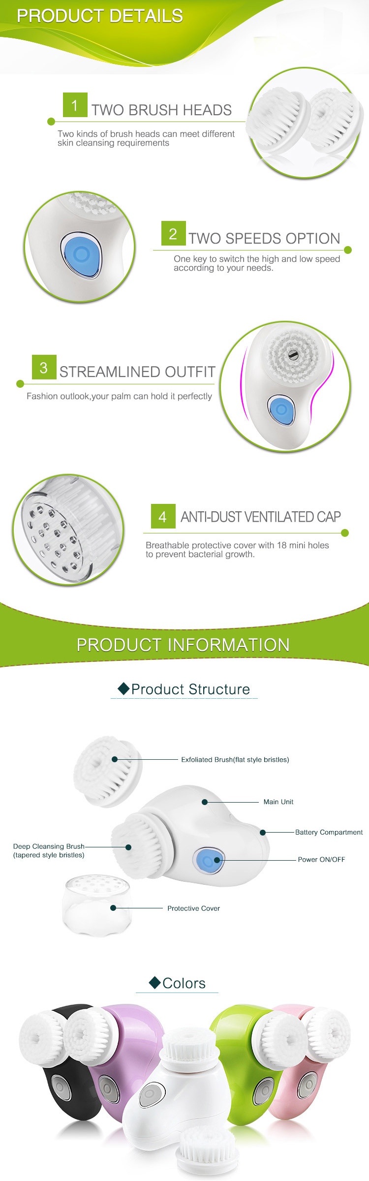 Hot Sale Electric Facial Brush/Battery Operated Facial Cleansing Brush Manufacturer in China