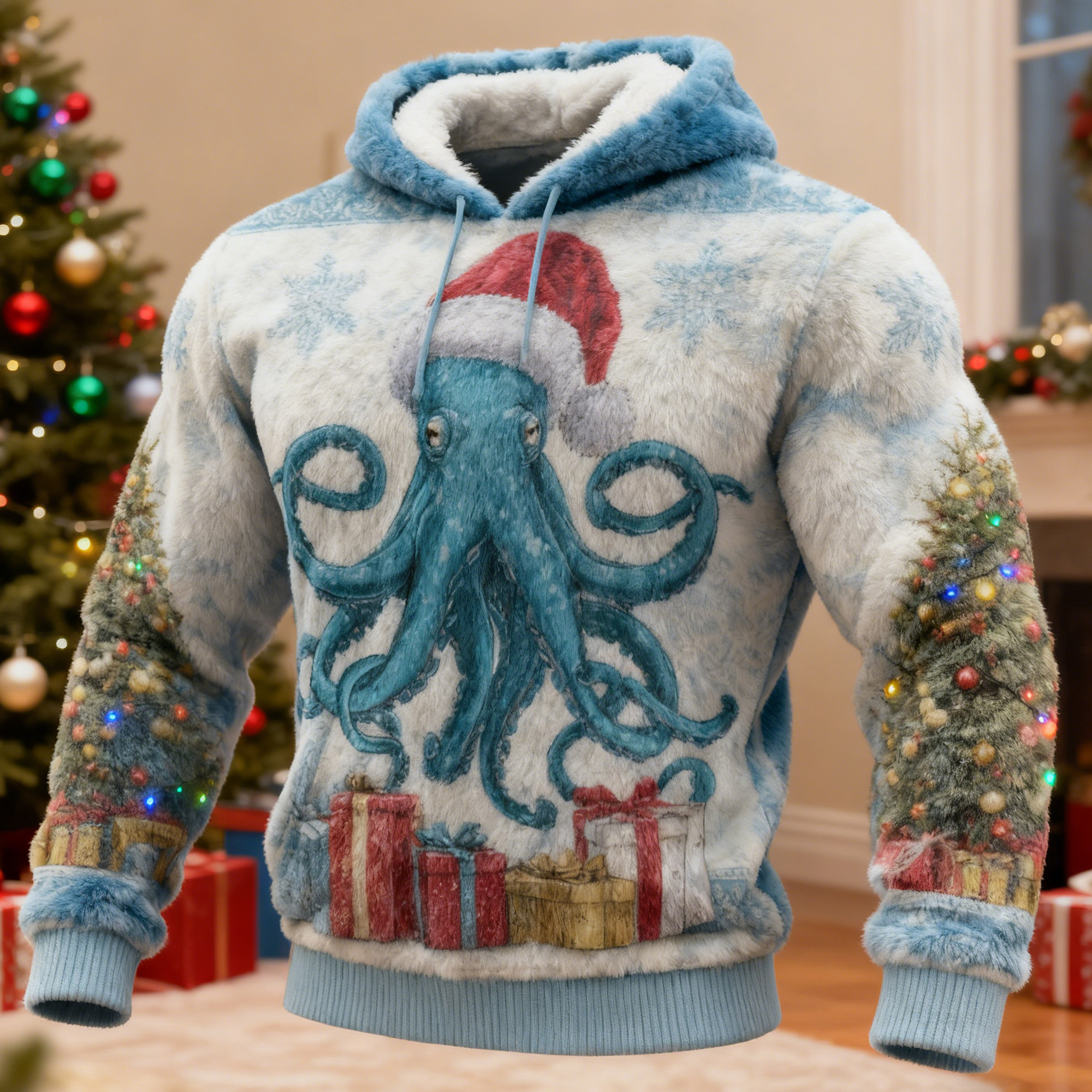 Men's Vintage Japanese Octopus Art Christmas Ugly Plush Hoodie elevenforest