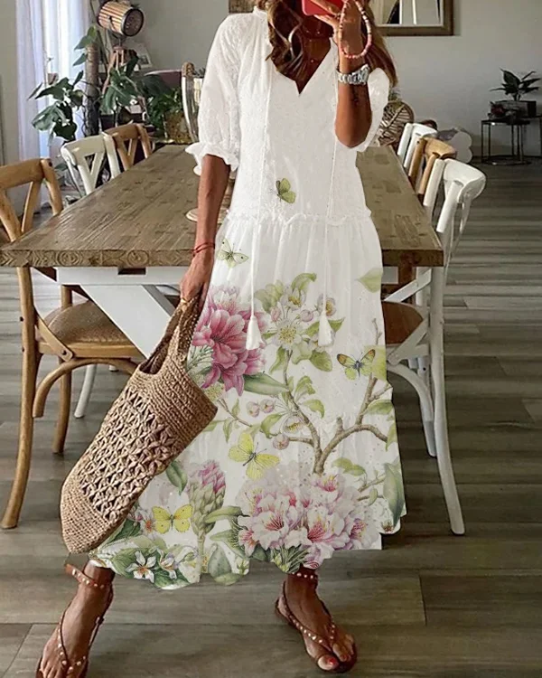 Bohemian V Neck Fringed Short Sleeve Floral Long Dress