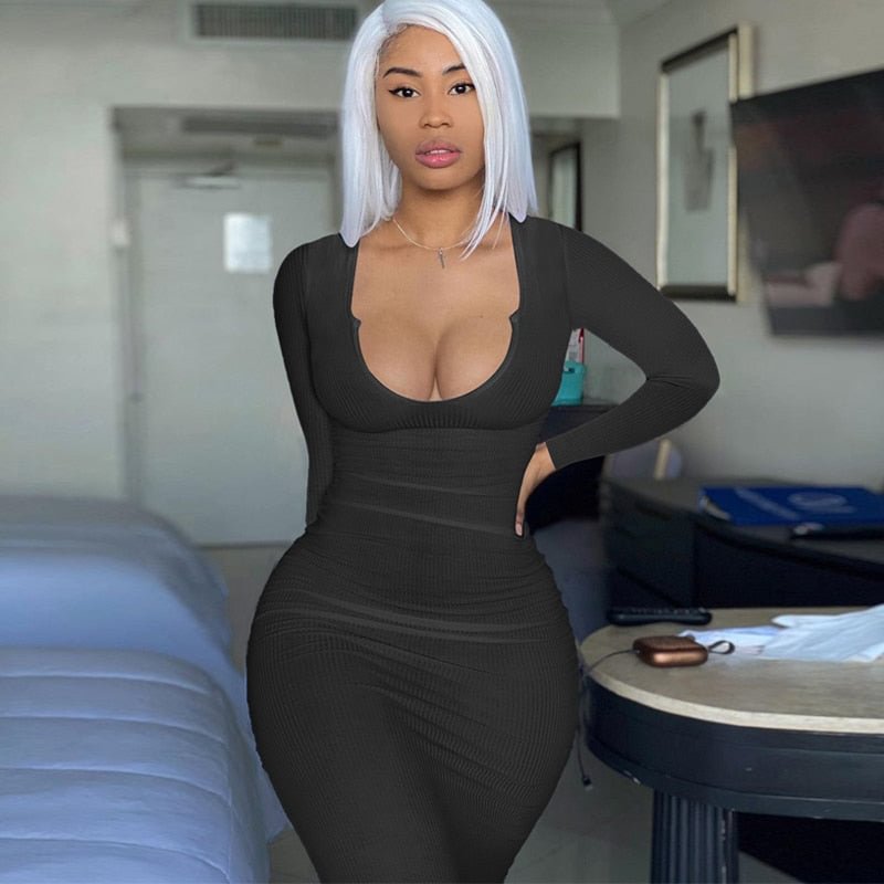 Dulzura Ribbed Knitted Women Pure Long Sleeve Midi Dress V Neck Bodycon Sexy Streetwear Party Elegant 2021 Summer Slim Clothes