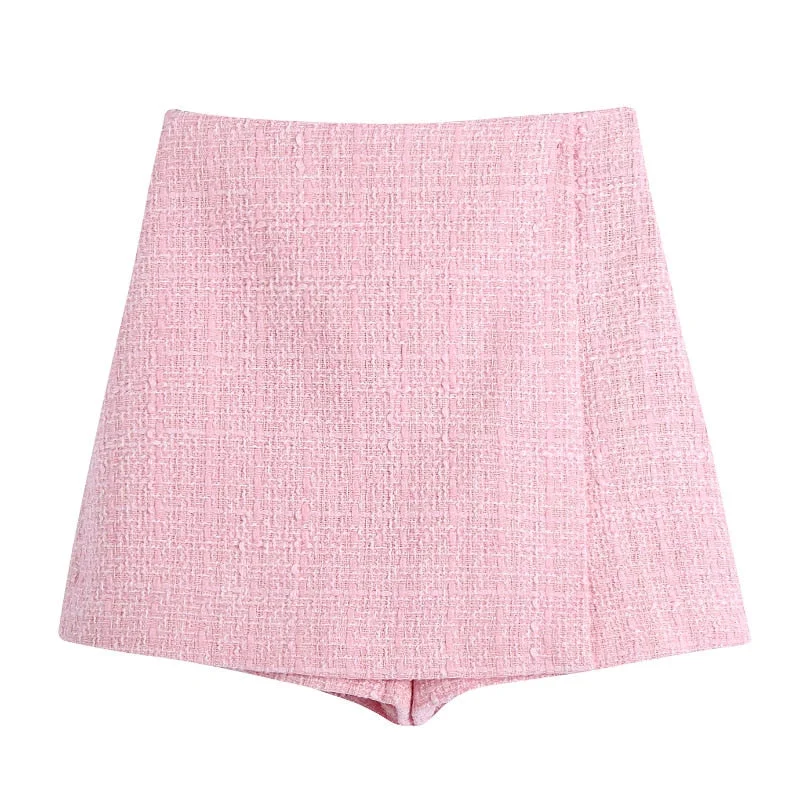 Aachoae Chic Women Pink Tweed Suit Blazer Sets 2021 Double Breasted Blazer With High Waist Shorts Office Ladies Outfits Set