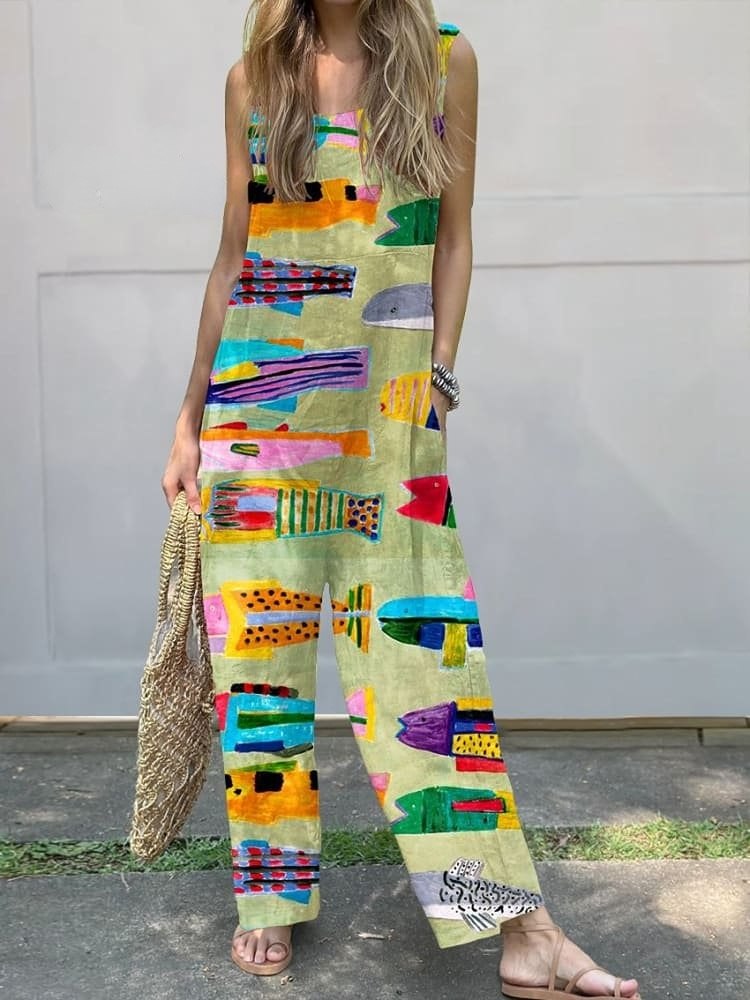 Women's  Retro Fish  Art  Print Casual 100% Cotton Wide Leg Jumpsuit